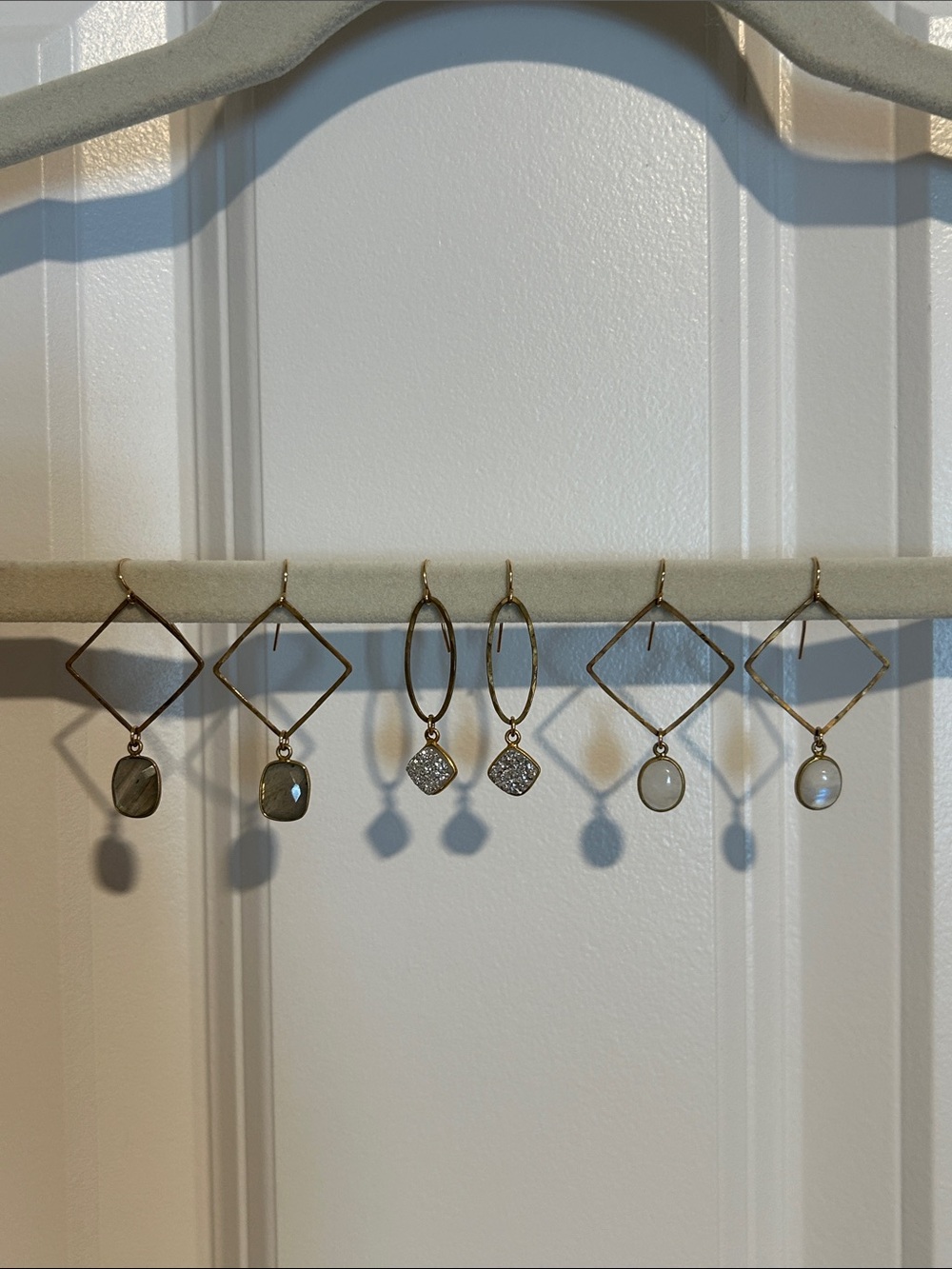 Set of 3 Gold-Tone Geometric Drop Earrings with Gemstone Dangles
